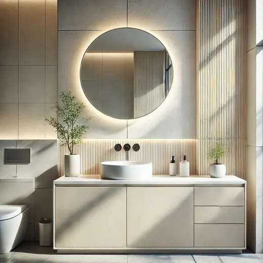 Bagno con lavabo e specchio retroilluminato